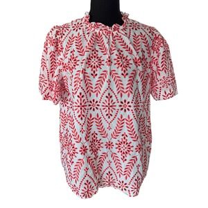 Ann Taylor Red White Eyelet Embroidered Ruffle Neck Blouse Large Floral Top